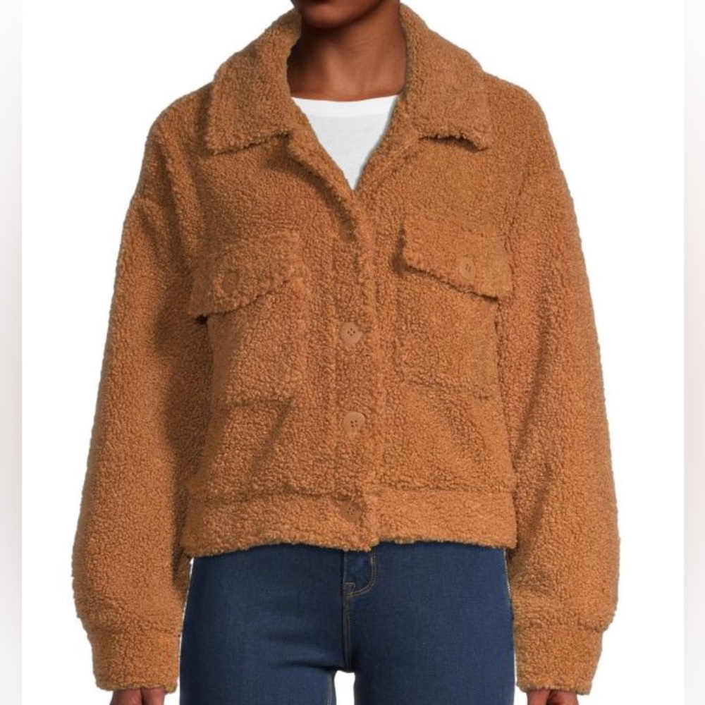 SANCTUARY Faux Fur Cropped Jacket - size L - Toffee
